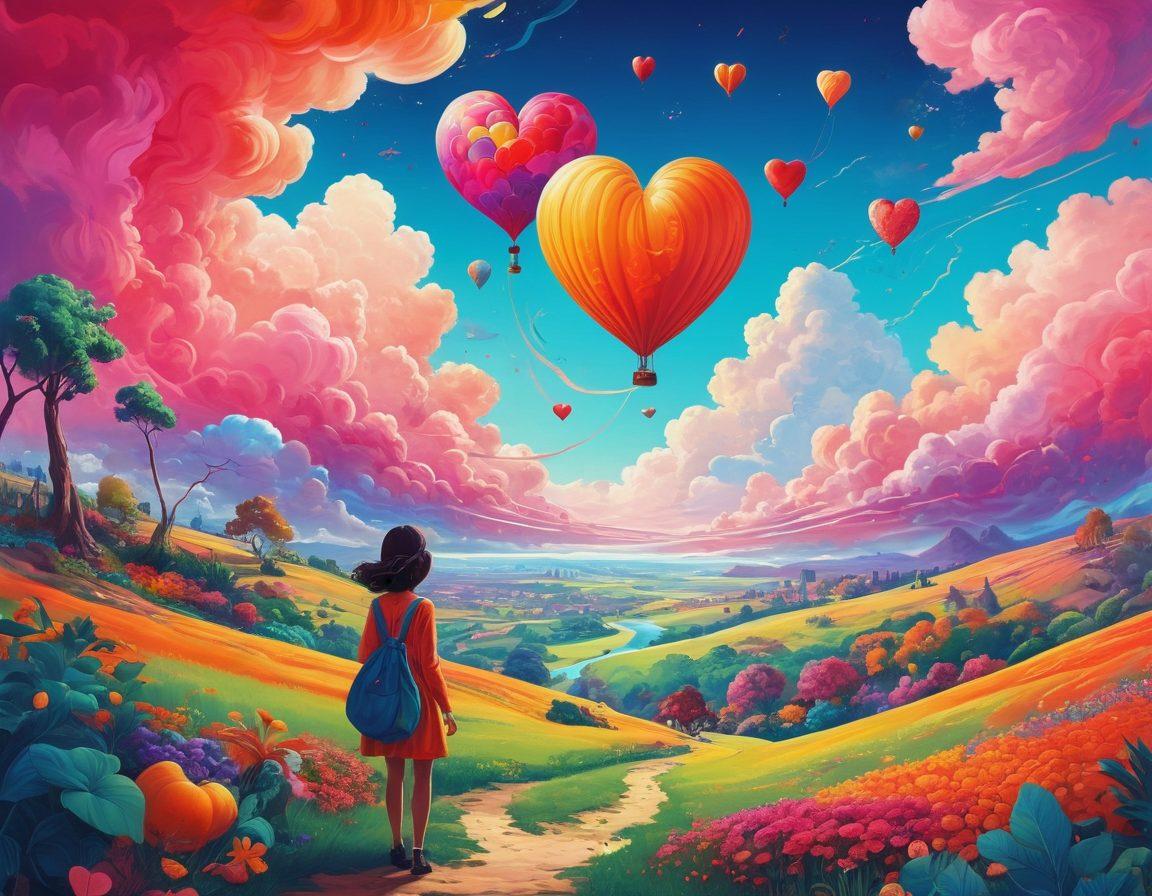 A whimsical and colorful illustration featuring a surreal, enchanting landscape with playful elements symbolizing fantasies and sensual pleasures, like swirling clouds shaped like hearts, oversized fruits, and soft, inviting textures. Incorporate silhouettes of diverse people joyfully exploring their desires amid dream-like scenery. The atmosphere should be light-hearted and inviting, exuding a sense of playful curiosity. psychedelic art style. vibrant colors. soft focus.