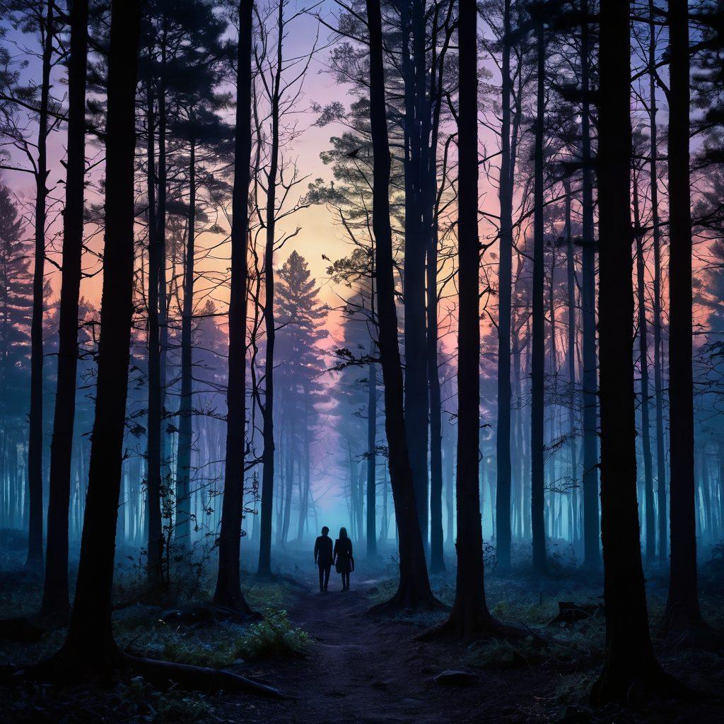 A tantalizing and adventurous scene depicting a mystical forest at twilight, where silhouettes of curious adults explore their wild fantasies. Ethereal lights glow amidst the trees, hinting at secrets waiting to be discovered. Soft shadows and alluring colors create a sense of intrigue and allure. sensual elements subtly incorporated in the environment to evoke wonder and excitement. dreamy surrealism. vibrant colors. twilight ambiance.
