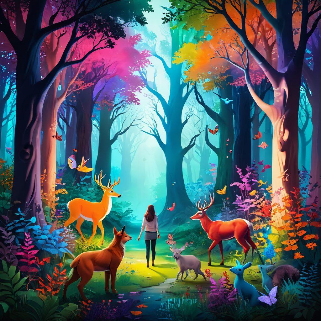A surreal scene depicting a mystical forest filled with vibrant colors, where a human-like figure is playfully interacting with a variety of animated animals representing different passions. The surroundings should be lush with colorful flowers and ethereal light filtering through the trees, evoking a sense of freedom and exploration in nature. The expressions of both the figure and animals should convey joy and curiosity, symbolizing the theme of intimacy and connection with the wild. 3D. vibrant colors. ethereal atmosphere.
